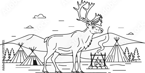 Majestic reindeer stands by a campfire in a mountainous landscape with teepees