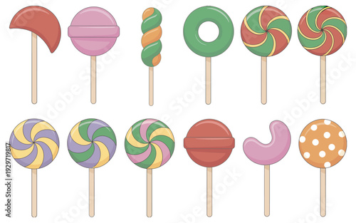Colorful Lollipop Illustration Set, 12 Candy Icons in Two Rows, Sweet Treats Vector on White Background