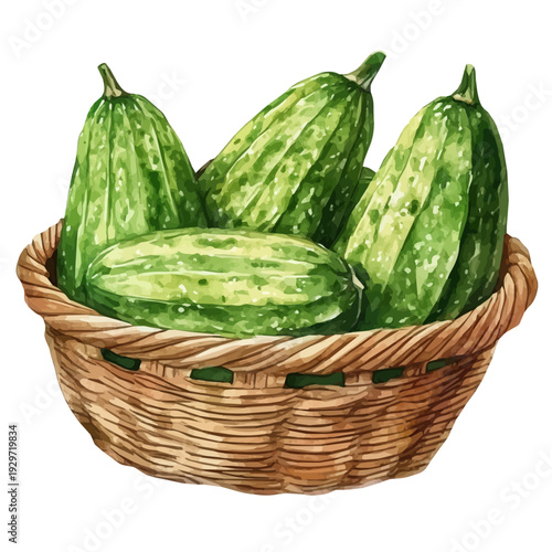watercolor of Bitter Melon Basket illustration graphic, isolated on a white background.