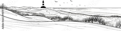 A striped lighthouse stands sentinel on sandy dunes overlooking a calm sea with birds