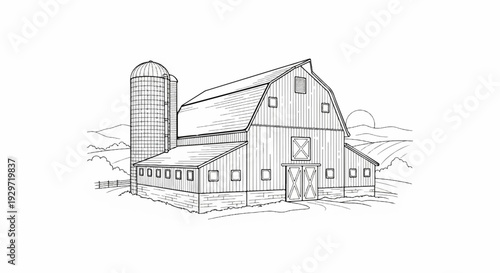 Rustic barn and silos stand against a backdrop of rolling hills and a setting sun