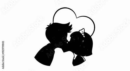 Silhouette of a young couple sharing a tender kiss, enclosed by a heart outline