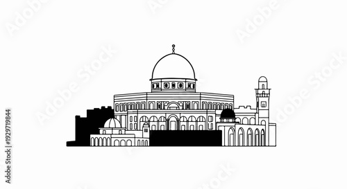 A detailed line drawing of a historic religious structure featuring a prominent dome and minaret