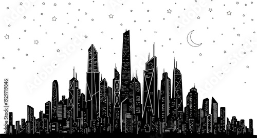 A stylized black and white city skyline under a starry night sky with a crescent moon