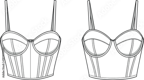Women corset bustier top with spaghetti straps, sweetheart neckline cropped bodice, technical fashion flat sketch, cad drawing flat vector illustration, apparel template.
