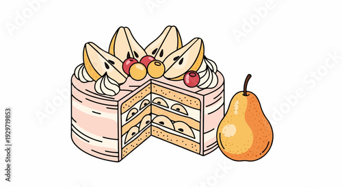 Delicious layered cake with pear slices and berries, served with a whole pear
