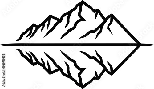 Stylized mountains reflected in a calm horizontal line, sharp peaks