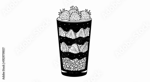 A tall glass filled with layered fruit and grain dessert, topped with berries