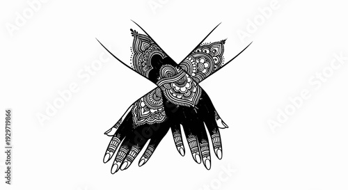Intricate henna designs adorn crossed hands, creating an X shape on a white background
