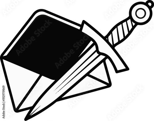 A black and white illustration of a sword piercing a book, abstract