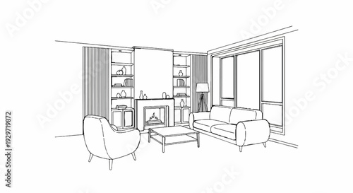 Architectural line drawing of a cozy living room with a fireplace, sofa, and armchair
