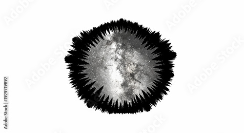 A circular frame of dark, sharp peaks encircles a starry, bright celestial expanse