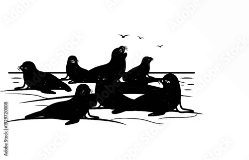 A group of seals are resting on the shore near the water, with birds flying overhead