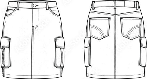 Women denim cargo mini skirt with utility pockets, high waisted streetwear skirt template, technical fashion flat sketch, cad drawing flat vector illustration.
