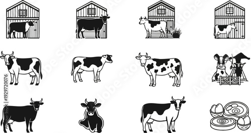 A collection of farm-themed illustrations featuring cows, barns, and food items