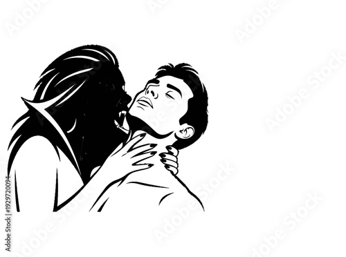 A dark figure with fangs leans in for a bite on a man's neck