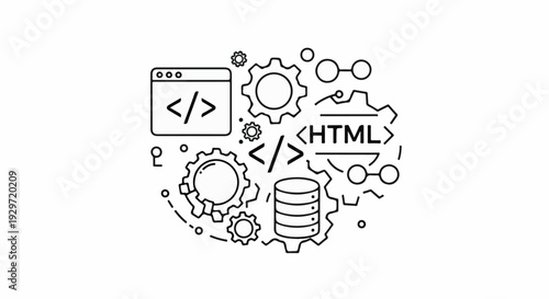 Abstract illustration of coding elements browser window, gears, code tags, and database