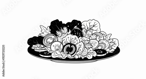 Fresh salad with tomatoes, cucumber slices, and leafy greens on a black plate