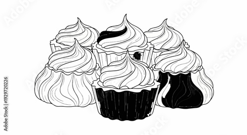 A collection of frosted cupcakes, some with dark frosting, presented in a sketched, monochrome style