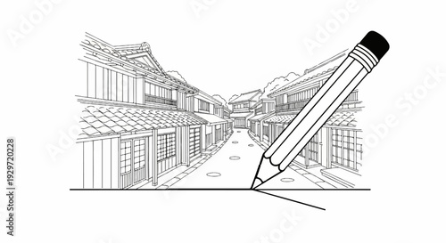 Detailed line art shows a pencil drawing an old street with traditional buildings