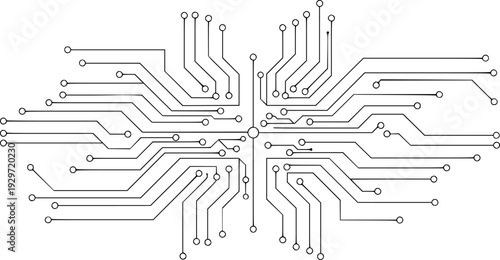 Abstract black circuit board pattern with circular nodes white background technology