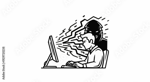 A person sits at a computer with a shadowy figure behind them