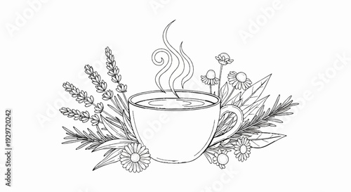 A steaming cup of tea adorned with aromatic herbs and delicate flowers