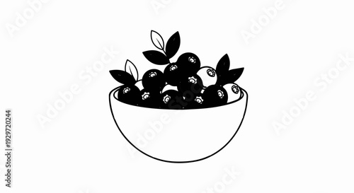 Black and white illustration of a bowl filled with ripe blueberries and small green leaves