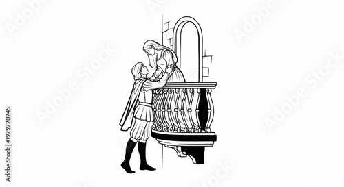 Renaissance lovers converse on ornate balcony with arched window