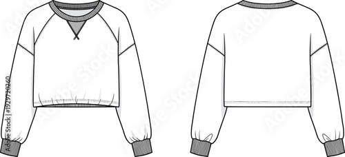 Women cropped sweatshirt and v neck blouse set, puff sleeves, ribbed trims, technical fashion flat sketches, CAD drawing flat vector illustration.