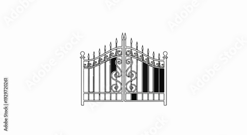 Ornate wrought iron double gate with decorative scrollwork and pointed finials