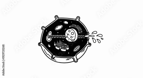 Stylized illustration of an animal cell with a zipper opening and liquid droplets escaping