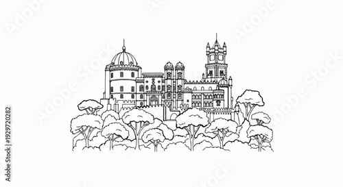 Ornate palace with domes, towers, and surrounding trees, rendered in black outline