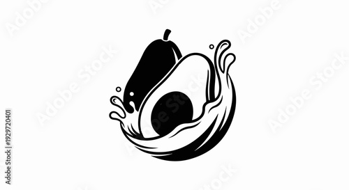 Black and white illustration of a whole and halved avocado with splashing liquid