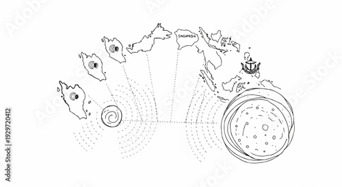 Schematic map showing the trajectory of a tropical cyclone impacting islands and a continent