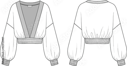 Women deep v neck cropped blouse with puff sleeves and elastic hem, technical fashion flat sketch, CAD drawing flat vector illustration.