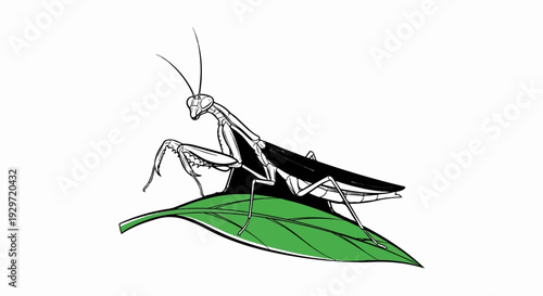 A detailed black and white illustration of a praying mantis resting on a green leaf