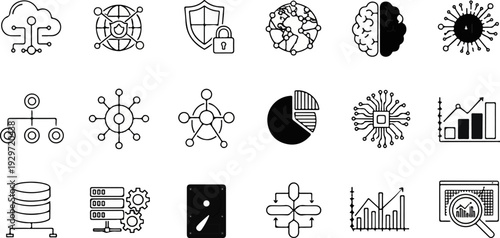 Collection of icons representing technology, data, and security concepts