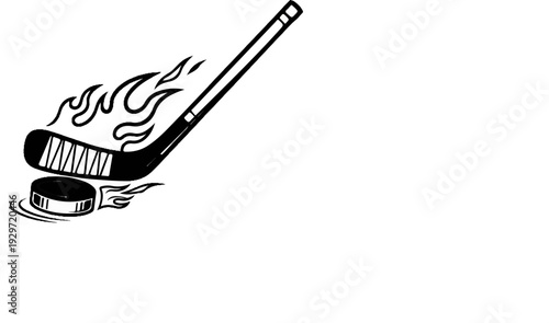 A black and white illustration of a hockey stick and puck with flames