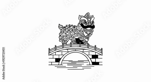 Stylized lion dance costume stands on a stone bridge over water