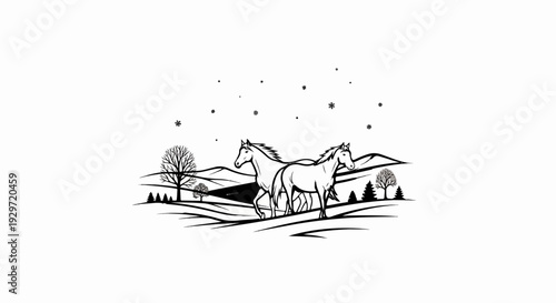 Two horses traverse a snowy, hilly landscape with trees and falling snowflakes