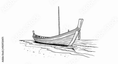 A detailed line drawing depicts a long, slender wooden boat beached on a sandy shore with calm water