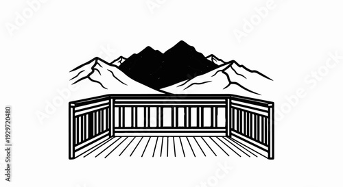 Perspective view of a wooden deck railing with mountain peaks in the background