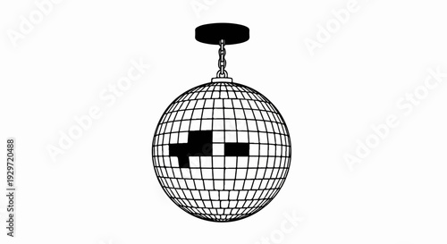 A black and white illustration of a disco ball suspended from a chain