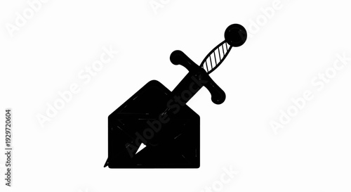 A sword pierces a dark, abstract shape, suggesting conflict