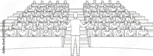 A speaker addresses an audience seated in tiered rows of desks within a large lecture hall