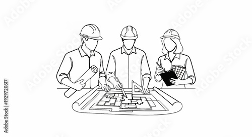 Professionals collaborate on blueprints and color swatches