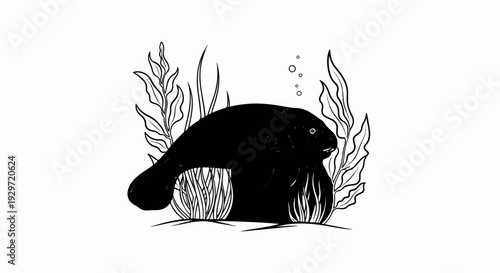 A black manatee swims among aquatic plants and bubbles in shallow water