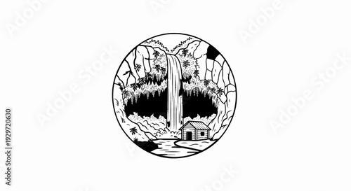 A serene circular scene depicts a rustic cabin nestled beside a cascading waterfall in a lush forest