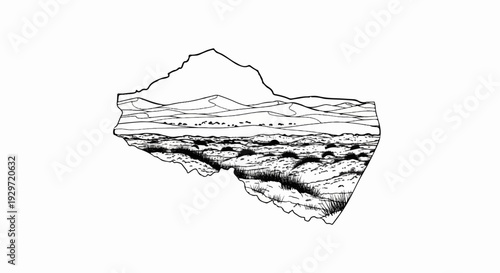 A black and white sketch of a desert landscape with dunes and sparse vegetation
